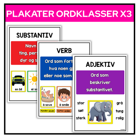 Plakat | Substantiv, verb, adjektiv | A4/A3 | Clipart/grafikk | KLASSISK REGNBUE