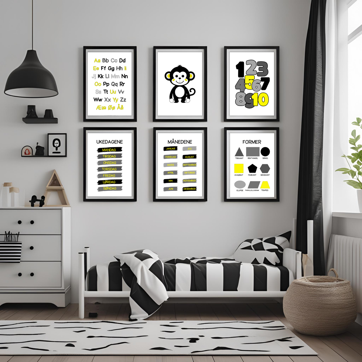 Seks plakater i serien svart/gul hengende på vegg innrammet på barnerom