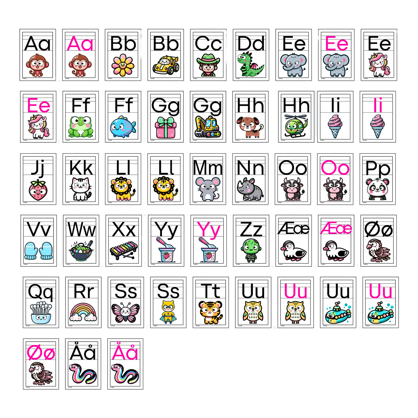 Alle bokstavene i alfabet med illustrasjon og bokstavhus.