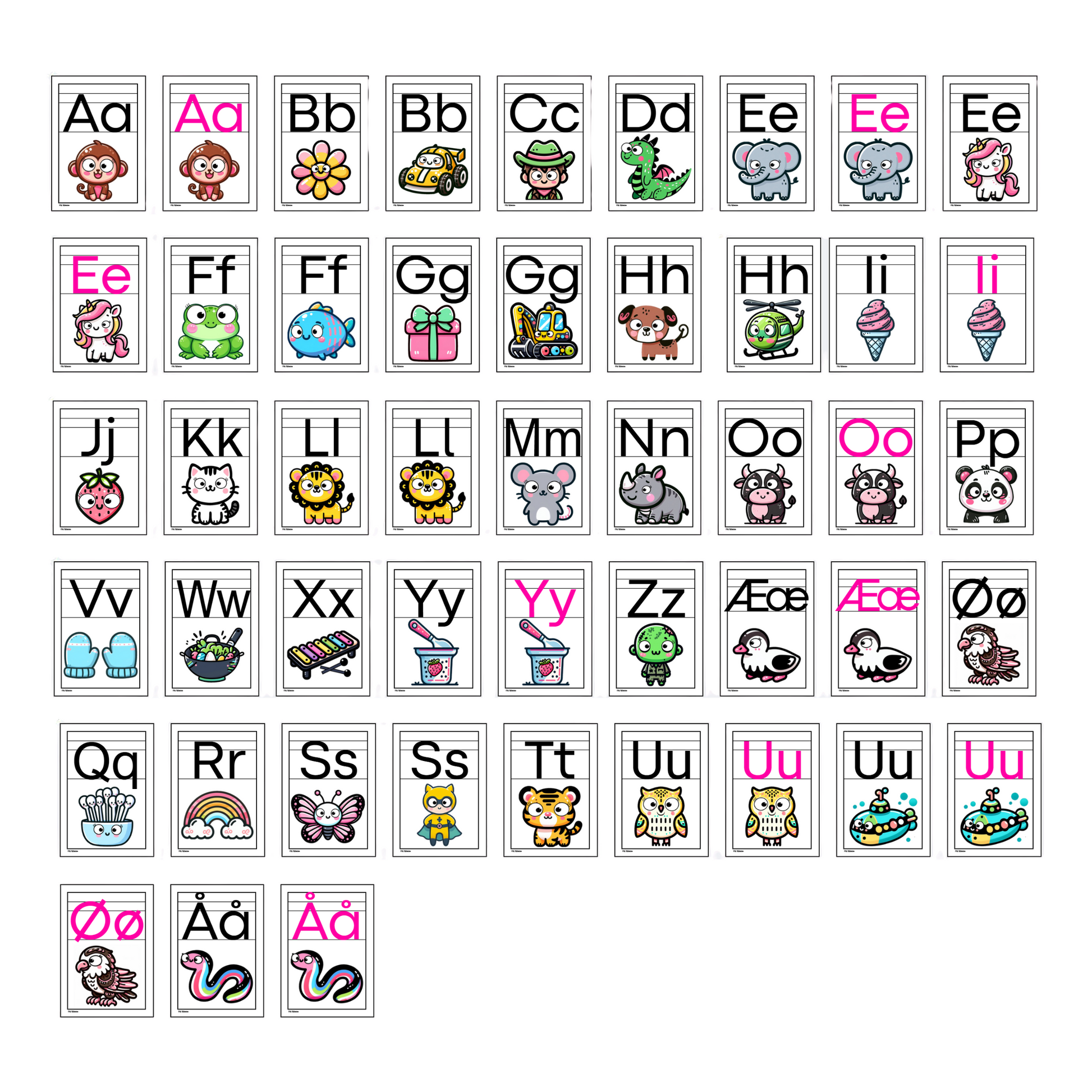 Alle bokstavene i alfabet med illustrasjon og bokstavhus.