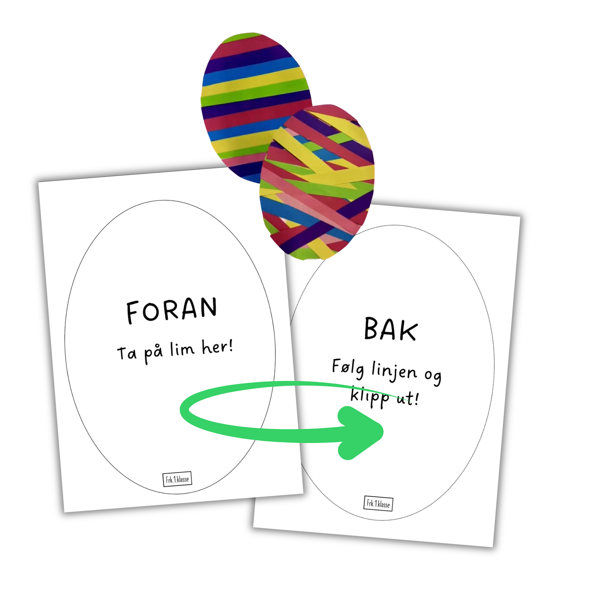 Mal for påskeegg med striper. For- og bakside der elever limer fargede papirremser for å lage mønster. Perfekt til formingsaktiviteter i påsken.