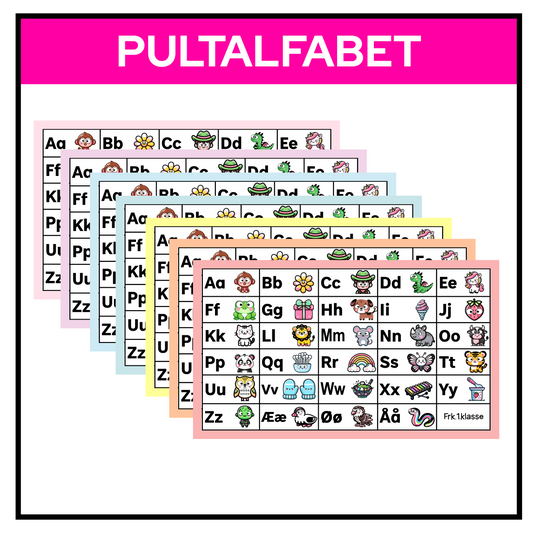 Pultalfabet i pastell med illustrasjoner – store og små bokstaver til bruk på pulten.