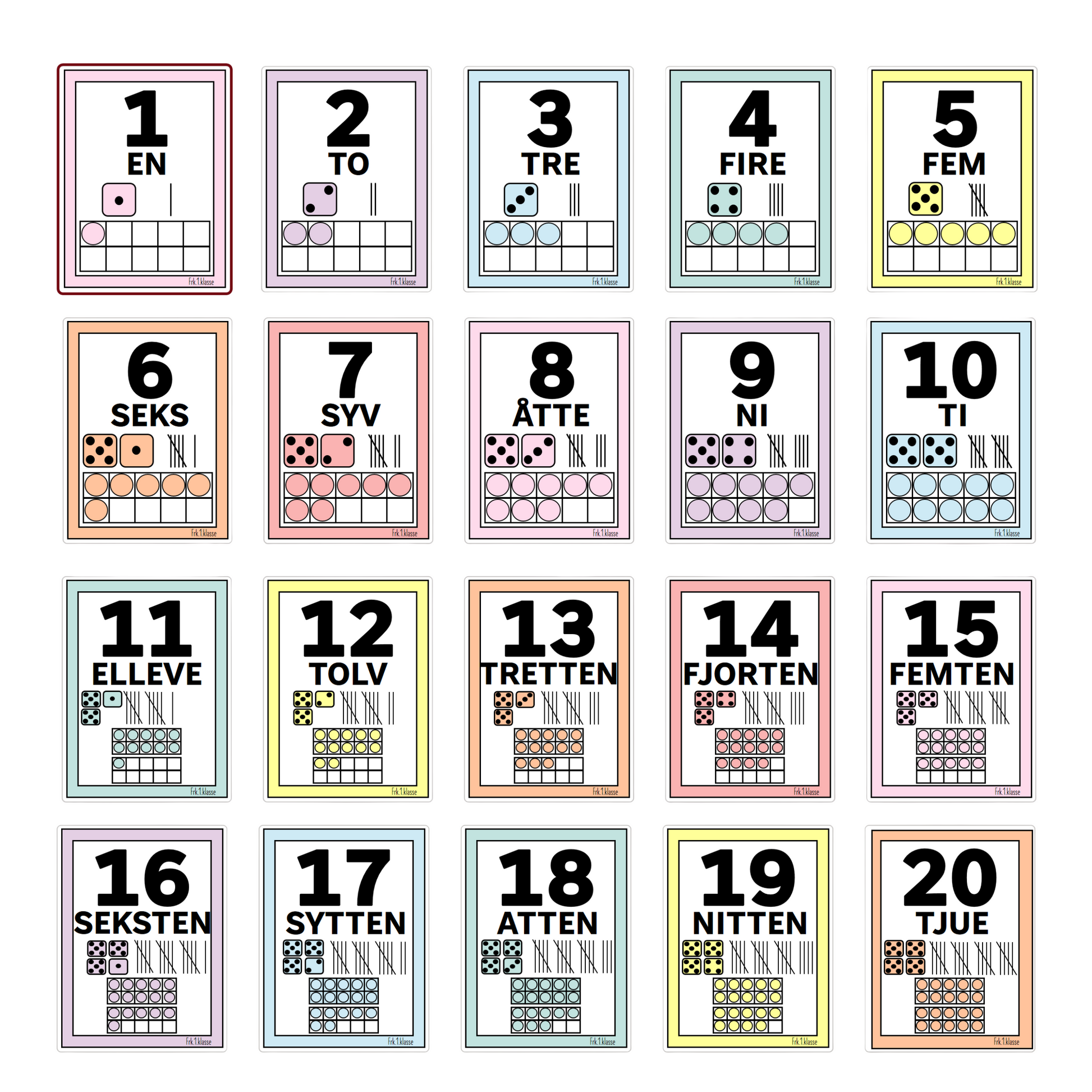Pastellfarget tallplakat vist i siffer og tall, ord, terninger, streker og rutenett. Fra 1-20.