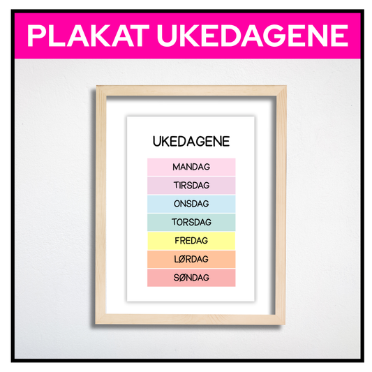Plakat med ukedagene i pastellbokser, med bilderamme
