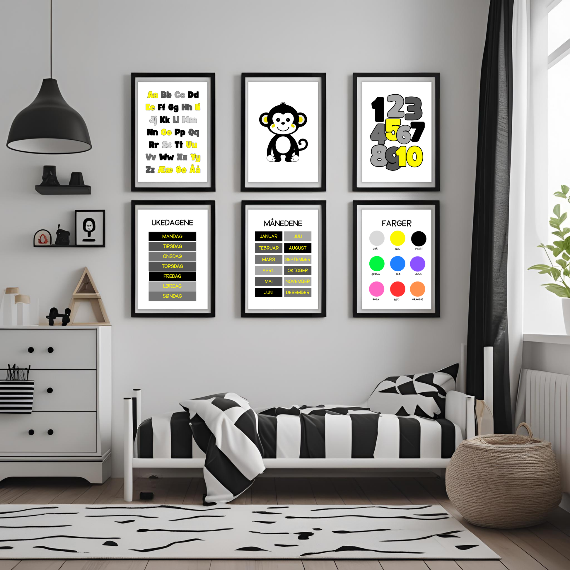 Seks plakater i svart/gul-serien hengende på vegg, innrammet i bilderammer