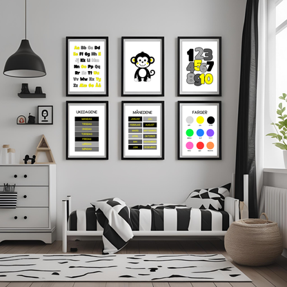 Seks plakater i svart/gul-serien hengende på vegg, innrammet i bilderammer