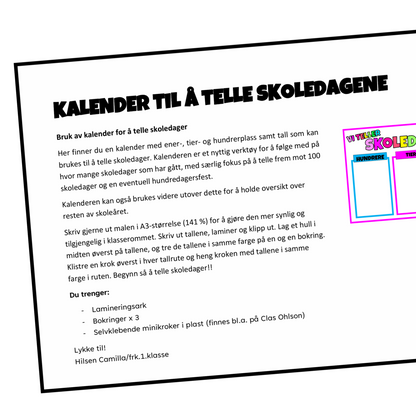 Instruksjon til kalender for å telle skoledager med tallplassene hundrere, tire og enere i regnbuefarger, med teksten «Vi teller skoledagene».