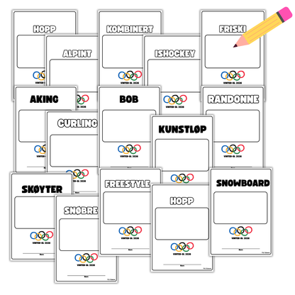 30 maler til minibøker om vinter-OL 2026  –  skriv ut og bruk!!