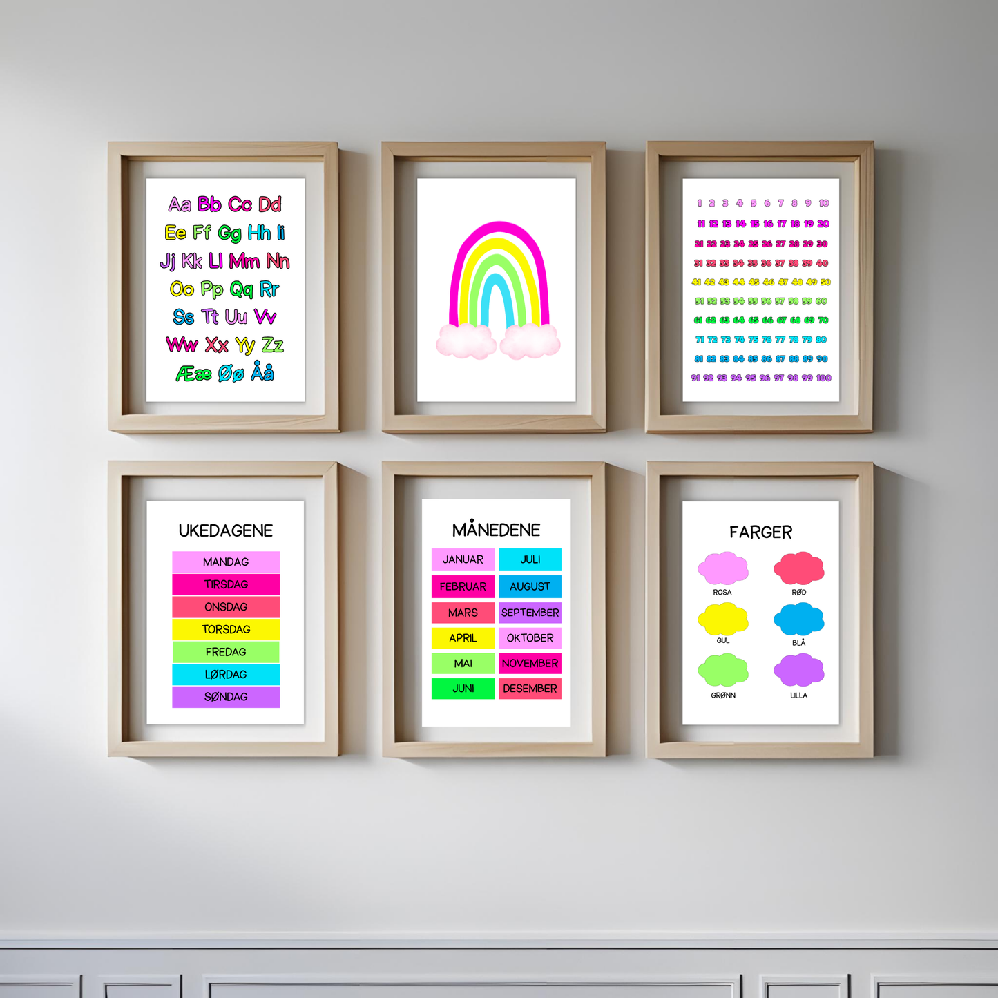 Seks plakater i regnbueserien med rosa innrammet
