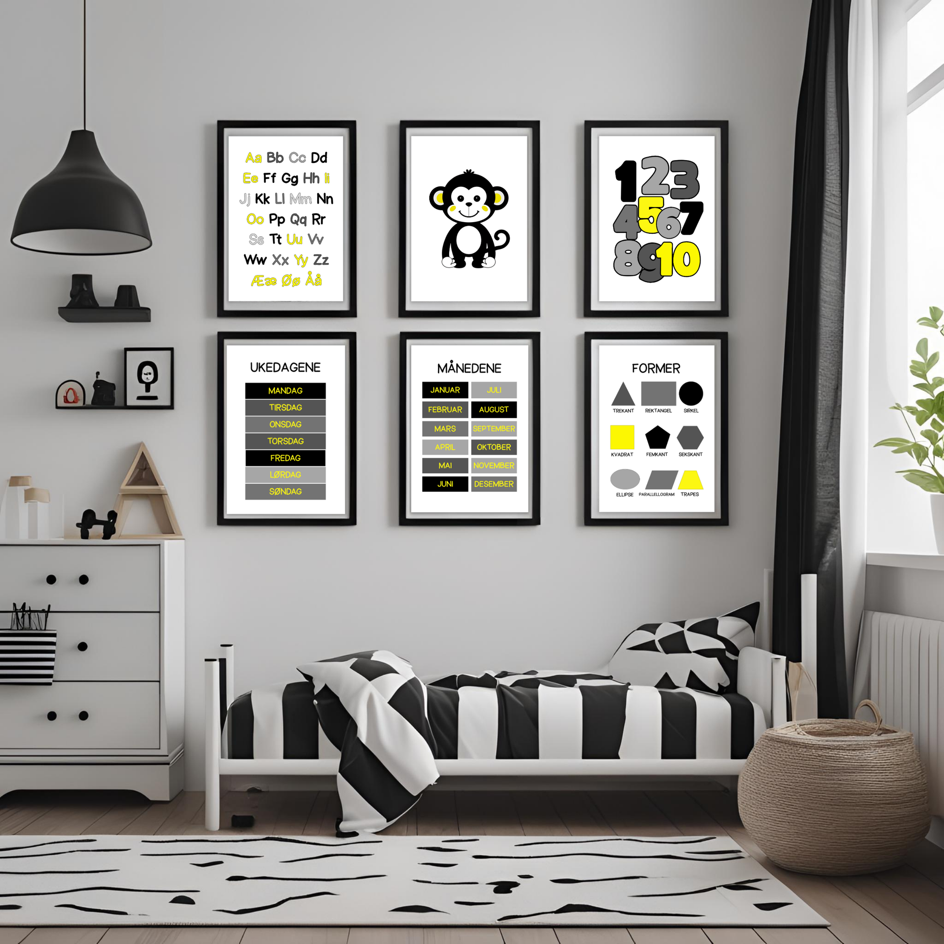 Seks plakater i serien svart/gul-serien