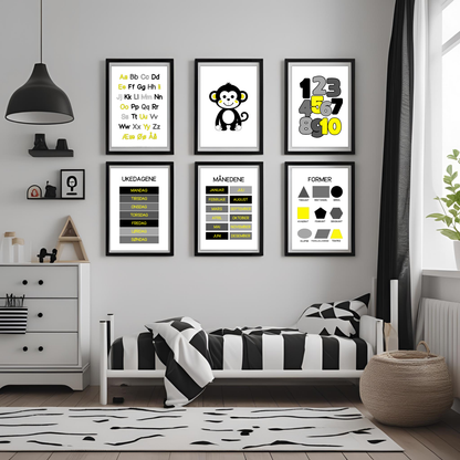 Seks plakater i serien svart/gul-serien