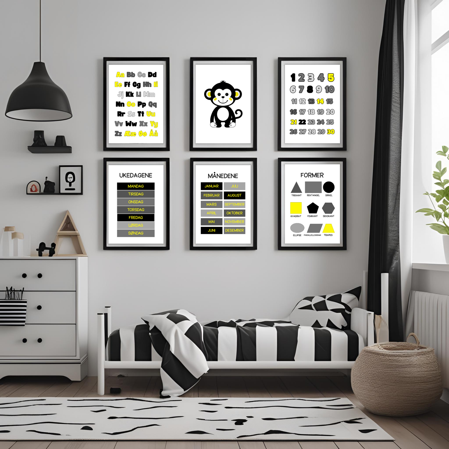 Seks plakater i svart/gul-serien hengene på vegg innrammet.