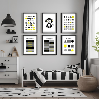 Seks plakater i svart/gul-serien hengene på vegg innrammet.