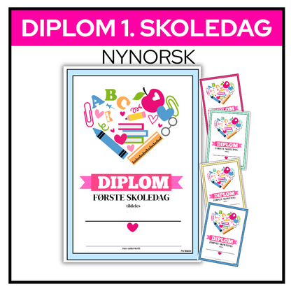 Diplom for første skoledag på nynorsk med fargerike rammer