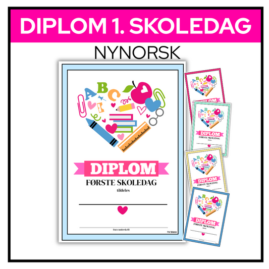 Diplom for første skoledag på nynorsk med fargerike rammer