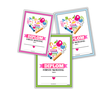 Diplom for første skoledag i 1. klasse med ulike design