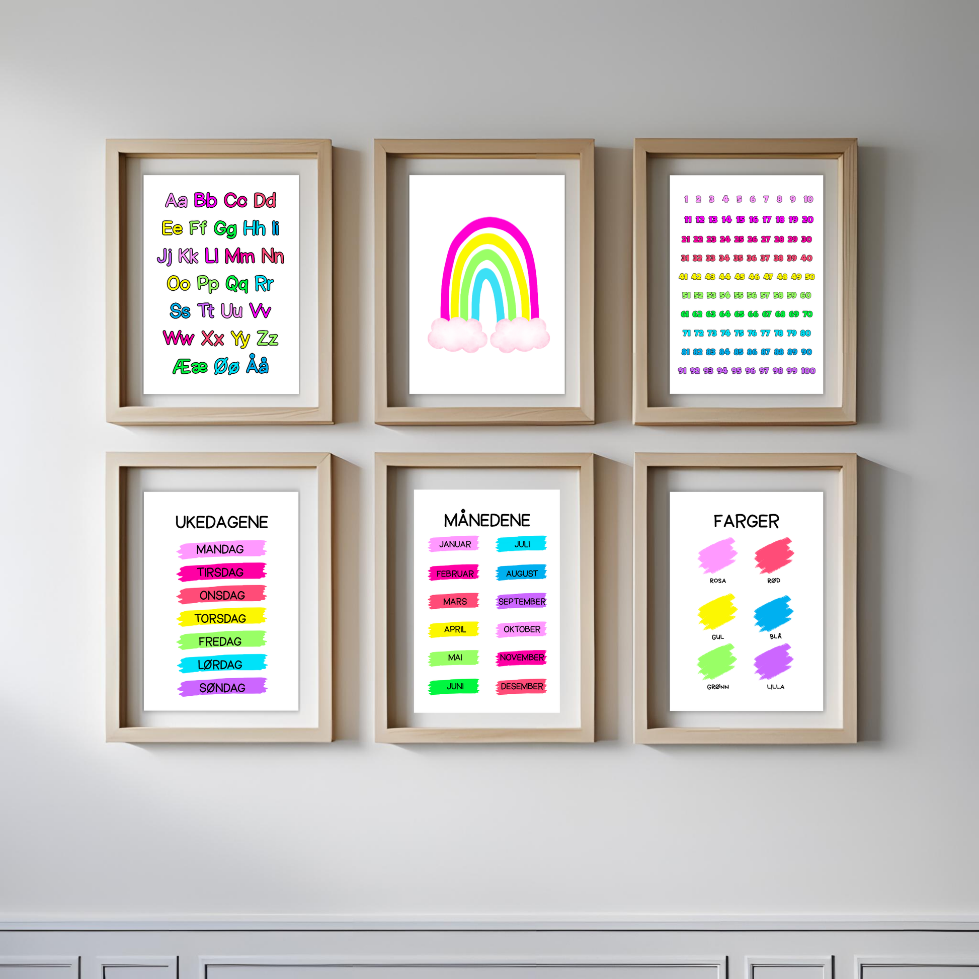 Seks plakater i regnbueserien med rosa. Innrammet hengende på vegg.