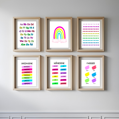 Seks plakater i regnbueserien med rosa. Innrammet hengende på vegg.