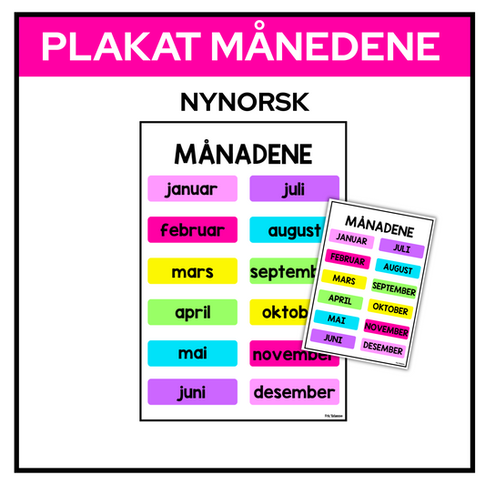 Månedene | Plakat A3/A4 | REGNBUE MED ROSA | NYNORSK