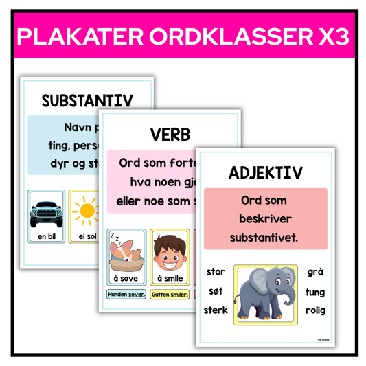 Plakat | Substantiv, verb, adjektiv | A4/A3 | CLIPART/GRAFIKK | PASTELL