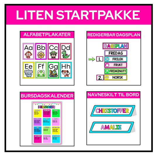 Liten startpakke klasserom | REGNBUE MED ROSA | REDIGERBAR