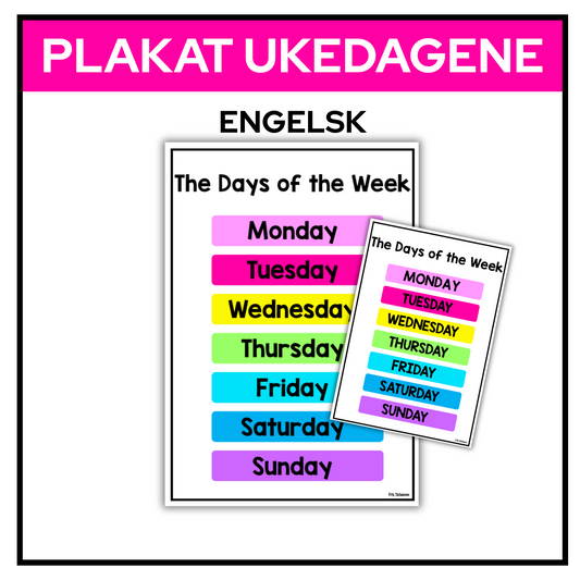 The Days of the Week | Ukedagene på engelsk | Plakat A3/A4  | REGNBUE MED ROSA