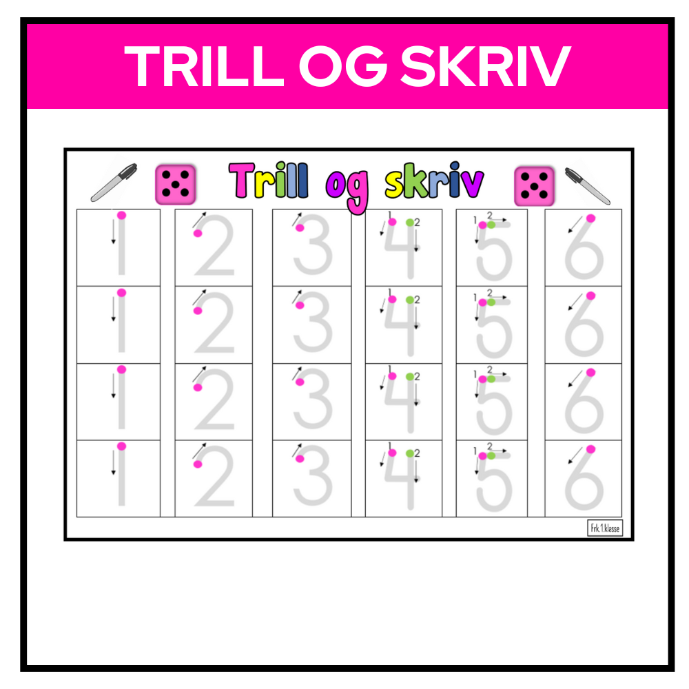 Arbeidsark med øvelse i å trille terning og skrive tallene 1 til 6 med startpiler for tallskriving