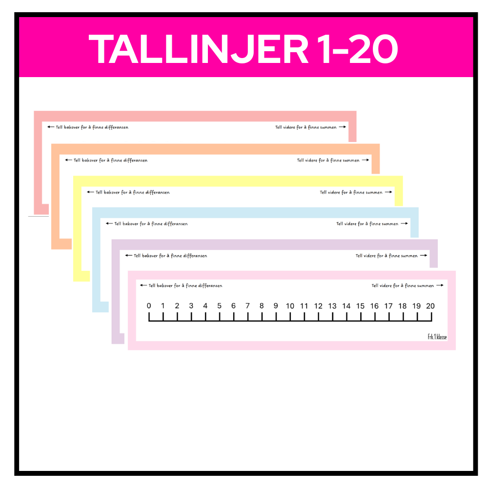 Pastellfarget tallinje med tall fra 1 til 20, visuelt hjelpemiddel for matematikkundervisning og telling.