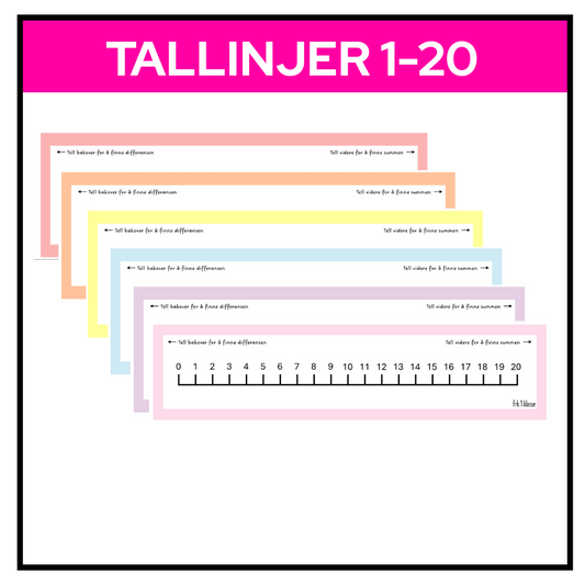 Pastellfarget tallinje med tall fra 1 til 20, visuelt hjelpemiddel for matematikkundervisning og telling.