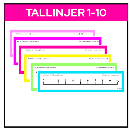 Regnbuefarget tallinje med tall fra 1 til 10, visuelt hjelpemiddel for telling og matematikkundervisning.