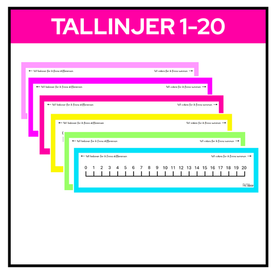 Fargerike regnbue-tallinjer fra 0 til 20 som visuelt hjelpemiddel i matematikkundervisning.