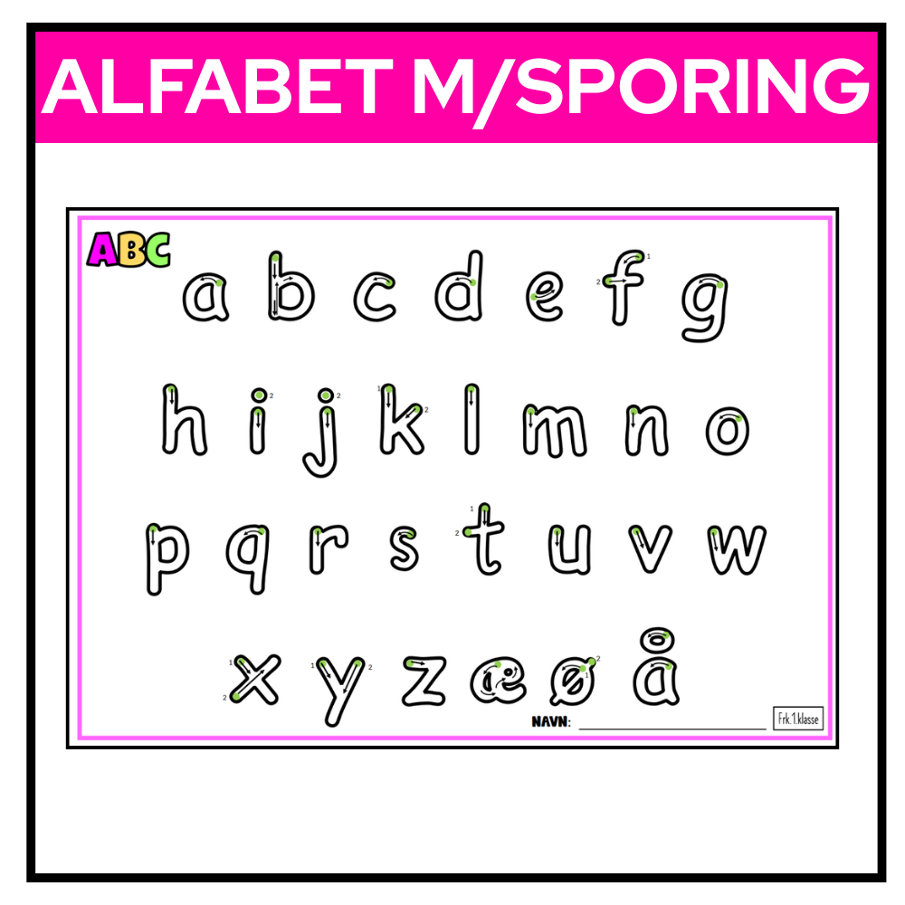 Fargerikt A3-ark med alfabet og piler som viser riktig blyantføring for bokstaver med sporing.

