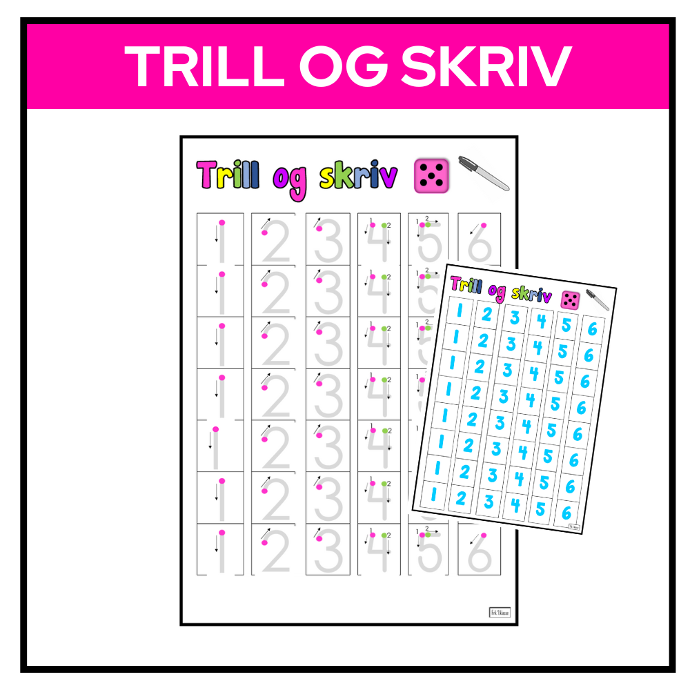 Arbeidsark med terningøvelse der elevene skriver tall fra 1 til 6 med og uten sporing