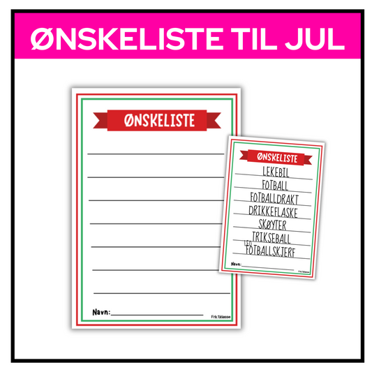 Illustrasjon av ønskeliste til jul med sju skrivefelt og navnelinje
