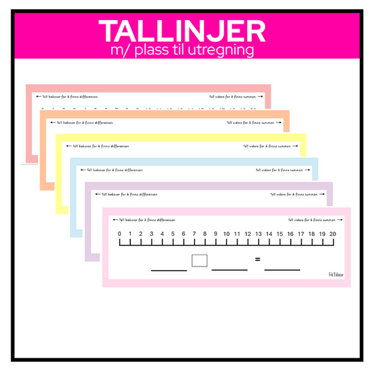 Pastellfarget tallinje fra 0 til 20 med skriveplass til utregninger, visuelt hjelpemiddel i matematikkundervisning.