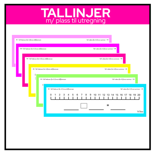 Regnbuefarget tallinje fra 0 til 20 med skriveplass til utregninger. Må lamineres for gjenbruk i matematikkundervisning.