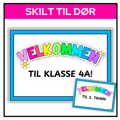 Velkommen-skilt | Redigerbar tekst "klasse xx" | A3/A4 | REGNBUE MED ROSA