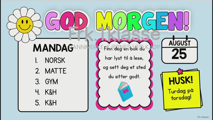 SLIDES | God morgen | Regnbue med rosa | REDIGERBAR | BOKMÅL OG NYNORSK